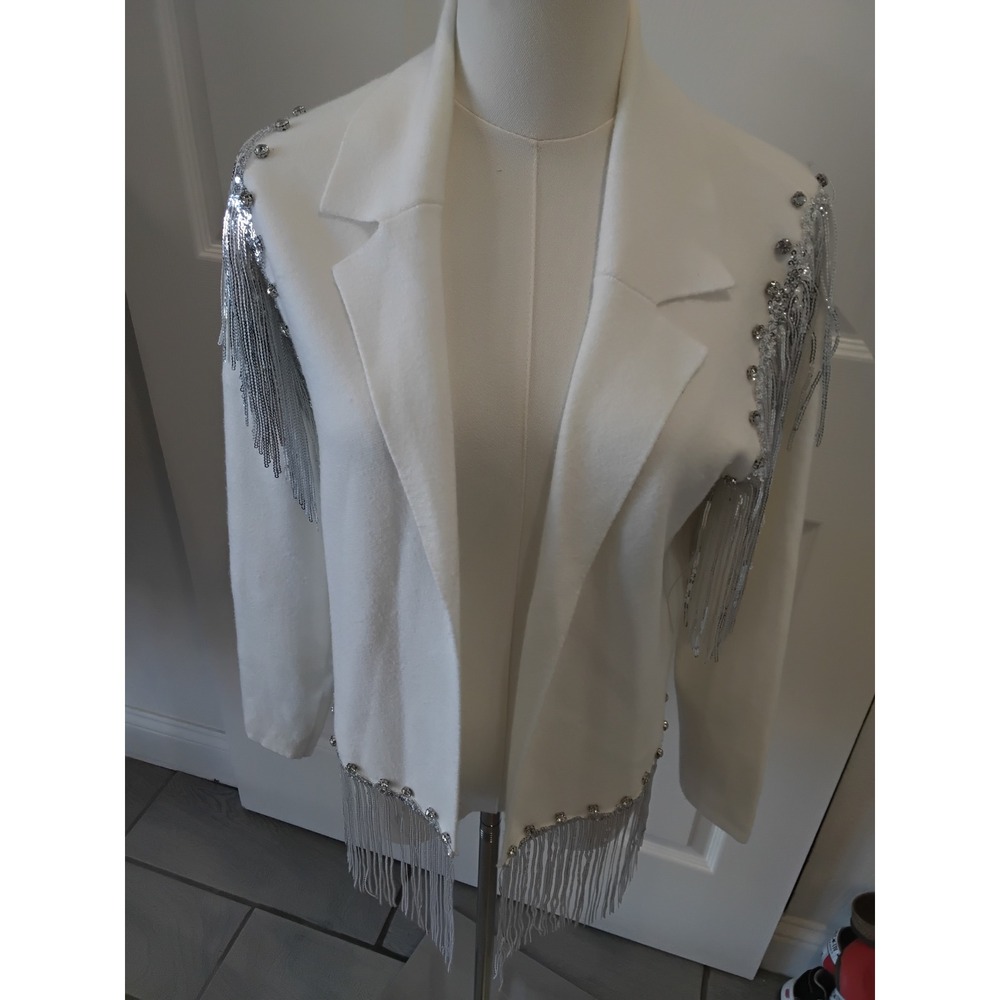 Sioni Womens White Knit Open Front Blazer Silver Sequin‎ Chain Fringe Jacket S